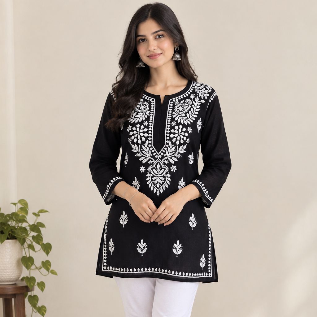 Black and white embroidered short kurti
